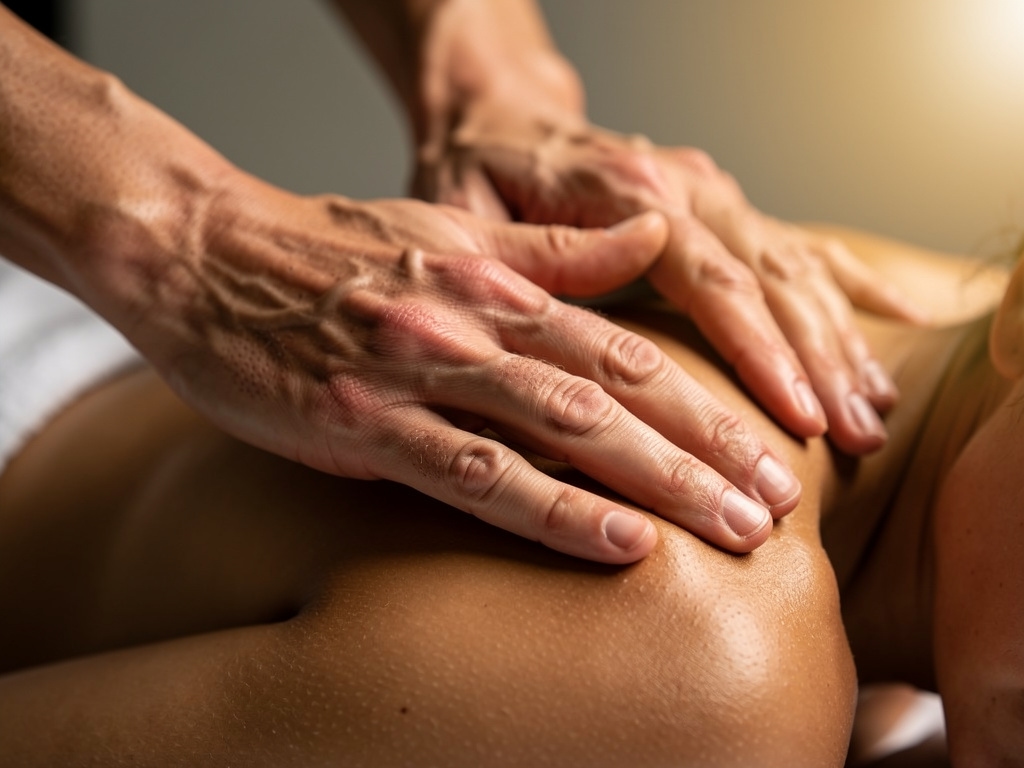 Détail des mains d'une praticienne lors d'un soin de massage précis