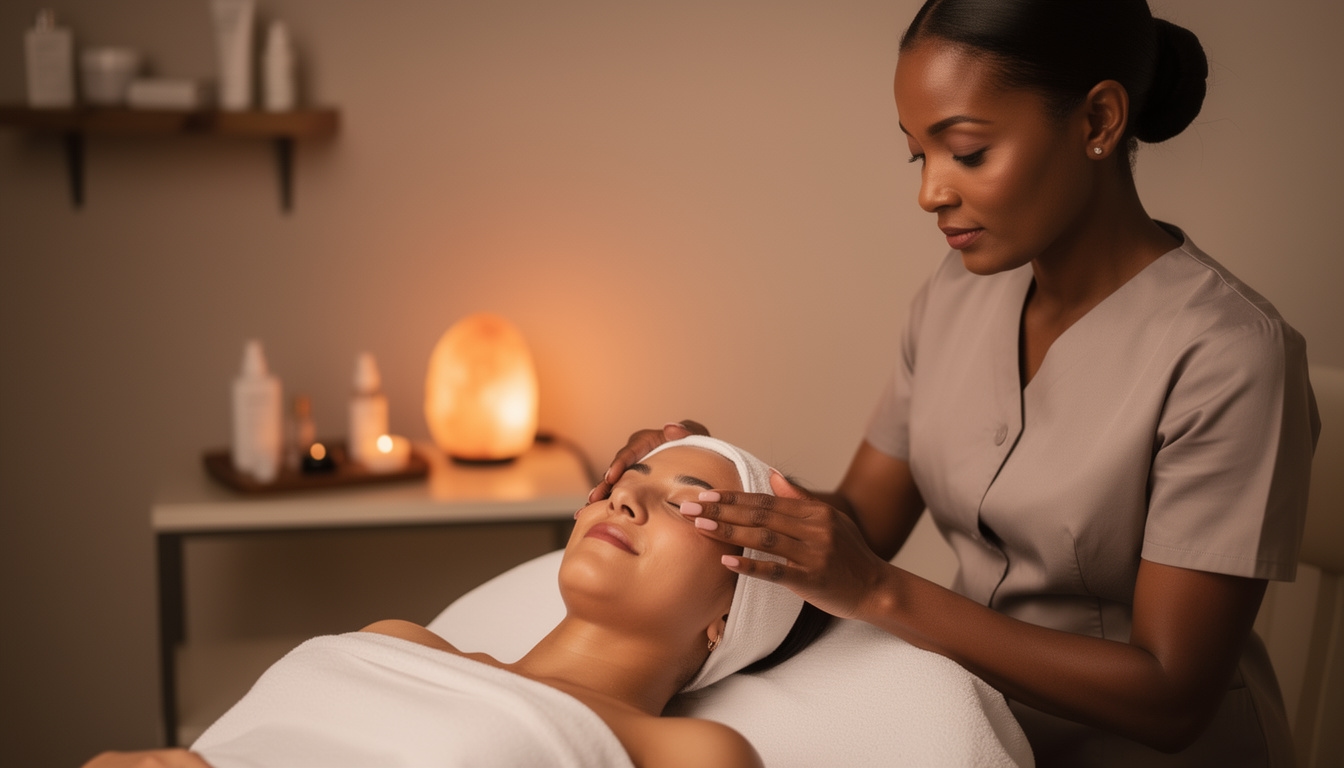 Soin du visage avec massage facial délicat en ambiance tamisée